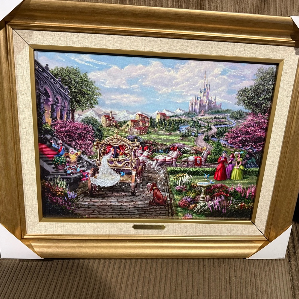 Thomas Kinkade Gold, Pink, Green, Blue Fantasy Castle Carriage Scene